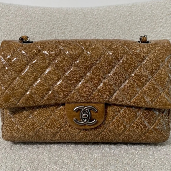 Authentic Chanel Crinkled Patent Quilted Medium Double Classic Flap Brown - Picture 6 of 16